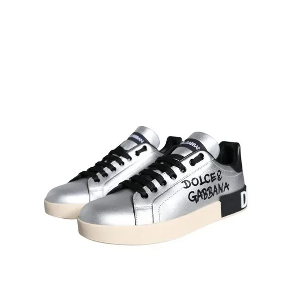 Dolce & Gabbana Silver Portofino Calf Leather Sneakers Shoes